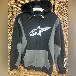 Alpine stars-Mens Black/Grey Hooded Full Zip Sweatshirt-Large, Faux fur inside